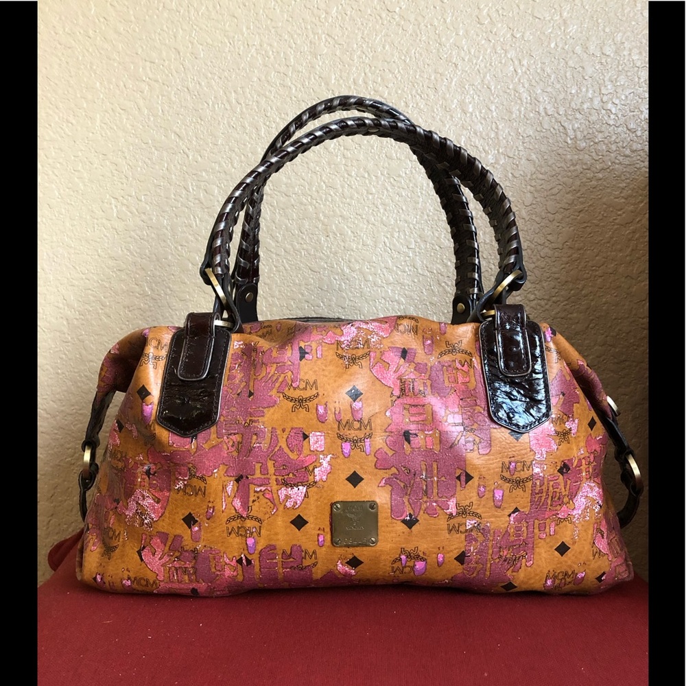 MCM Orange and Pink Graphic Satchel